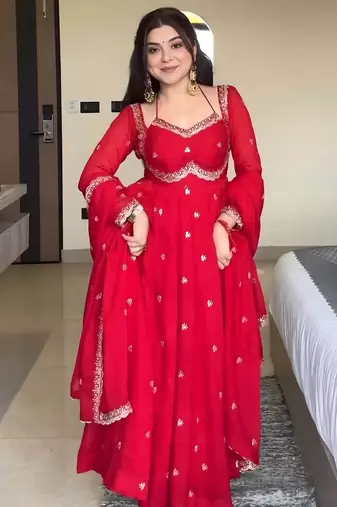 Elegant stylish red georgette embroidered anarkali style kurta set with dupatta & pant