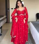Elegant stylish red georgette embroidered anarkali style kurta set with dupatta & pant
