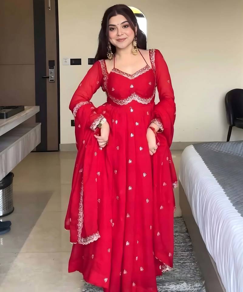 Elegant stylish red georgette embroidered anarkali style kurta set with dupatta & pant