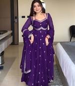 Elegant stylish purple georgette embroidered anarkali style kurta set with dupatta & pant