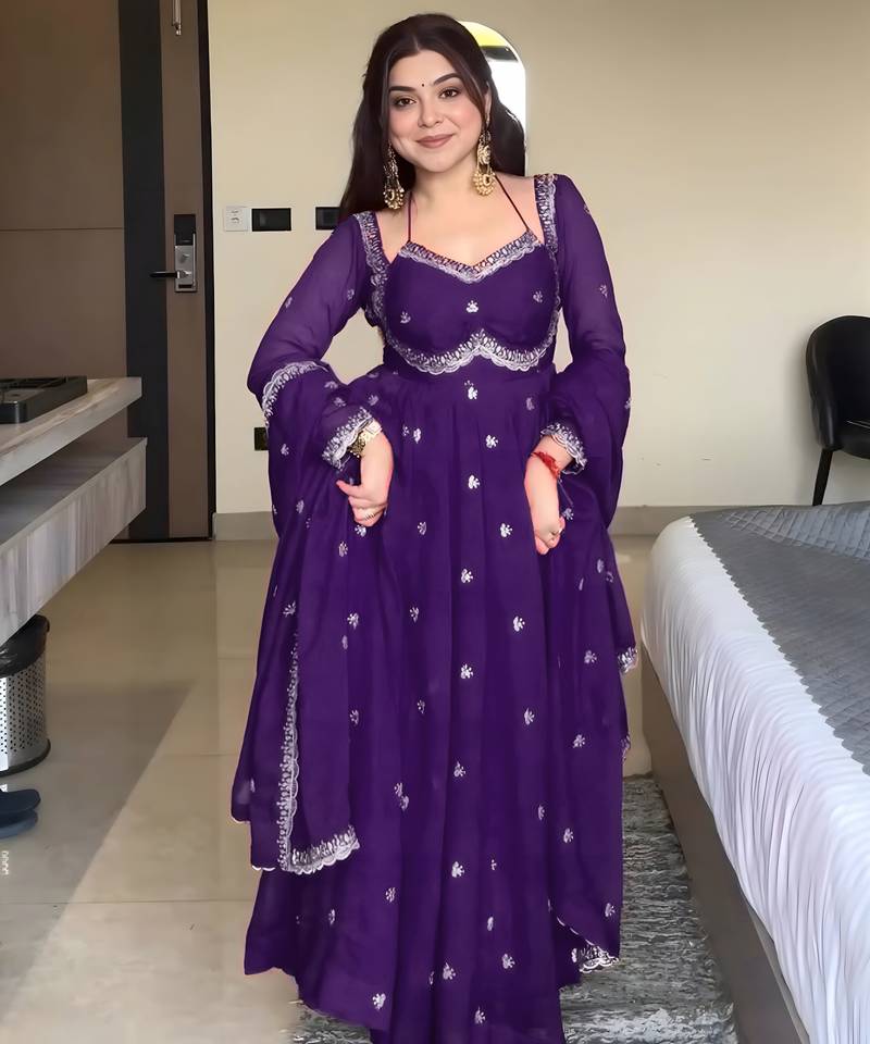 Elegant stylish purple georgette embroidered anarkali style kurta set with dupatta & pant