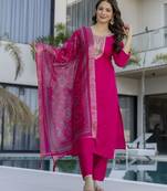 Elegant pink chanderi cotton embroidered straight kurta set with printed dupatta & pant
