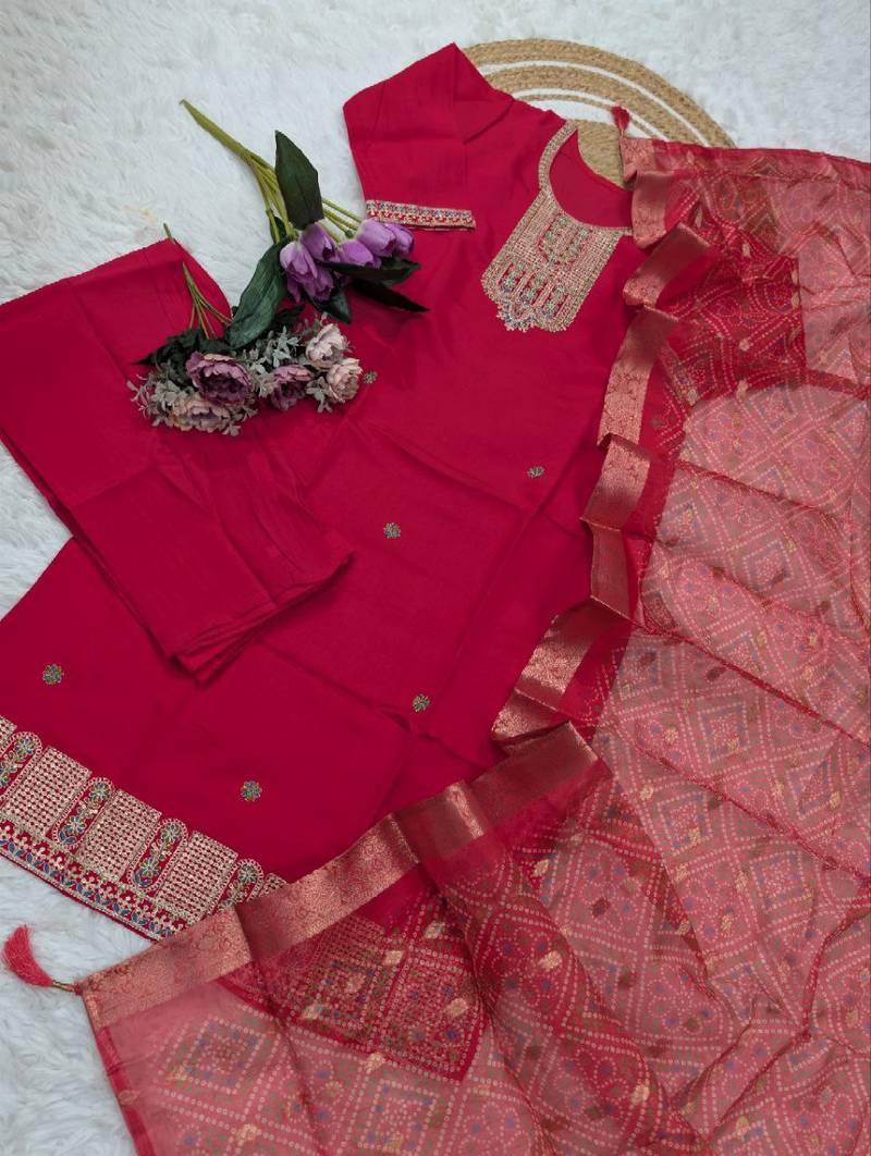  pink chanderi cotton embroidered straight kurta set with printed dupatta & pant