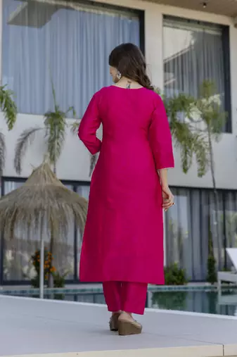 Elegant pink chanderi cotton embroidered straight kurta set with printed dupatta & pant