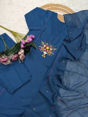  teal blue rayon embroidered kurta set with dupatta & pant 2