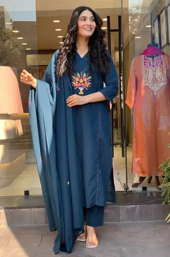  teal blue rayon embroidered kurta set with dupatta & pant