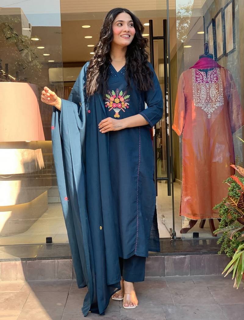 Stylish teal blue rayon  embroidered kurta set with dupatta & pant