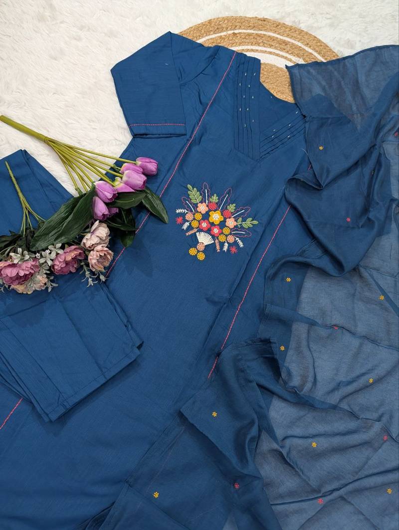  teal blue rayon embroidered kurta set with dupatta & pant