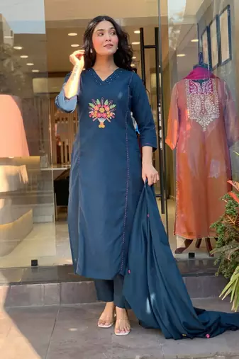  teal blue rayon embroidered kurta set with dupatta & pant