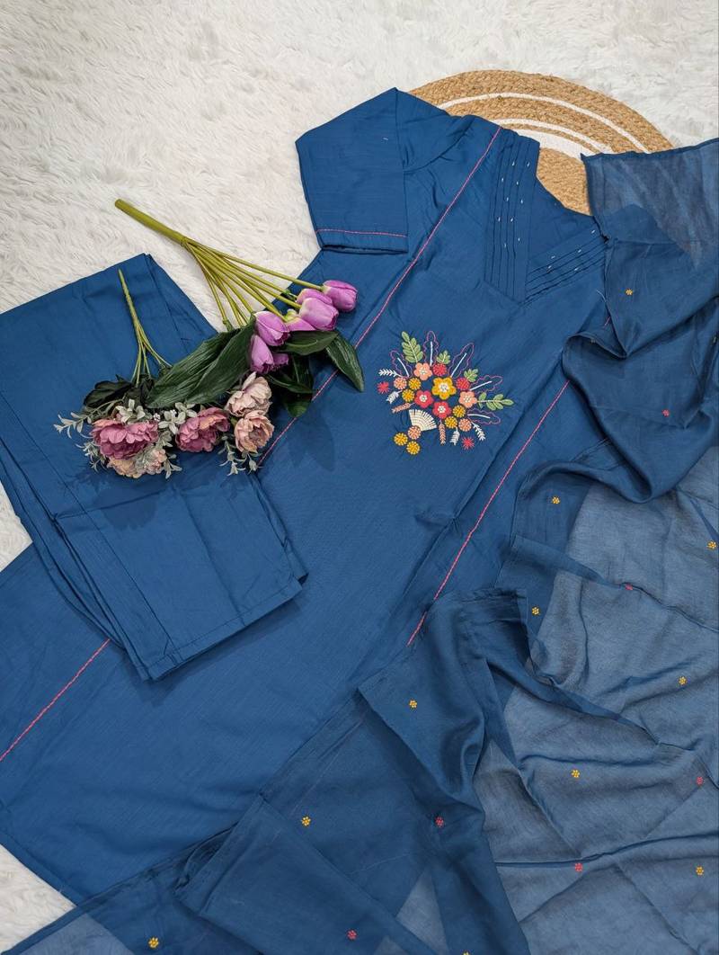  teal blue rayon embroidered kurta set with dupatta & pant