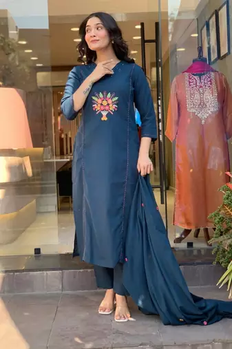  teal blue rayon embroidered kurta set with dupatta & pant