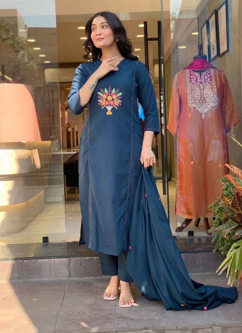 Stylish teal blue rayon  embroidered kurta set with dupatta & pant
