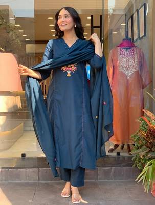  teal blue rayon embroidered kurta set with dupatta & pant 5