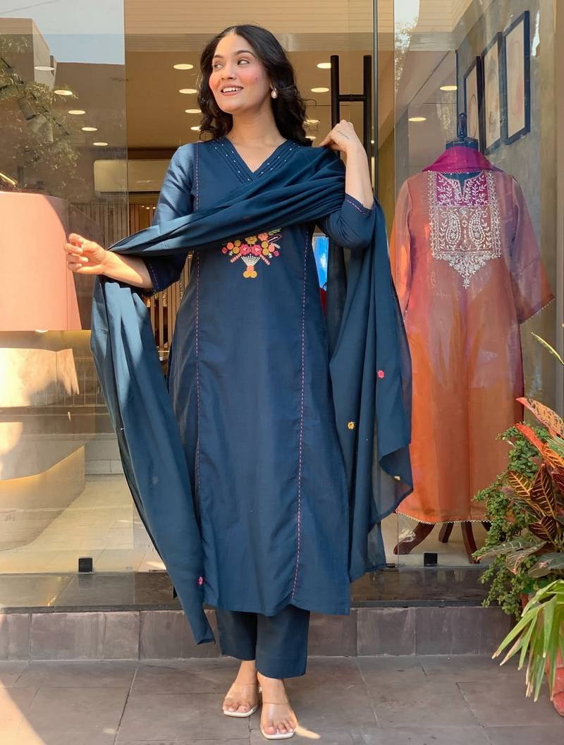 Stylish teal blue rayon  embroidered kurta set with dupatta & pant