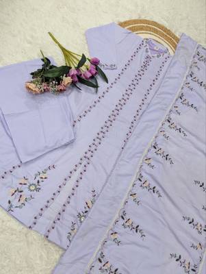 Lavender mulsin cotton embroidered kurta set with dupatta & palazzo 2