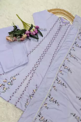 Lavender mulsin cotton embroidered kurta set with dupatta & palazzo