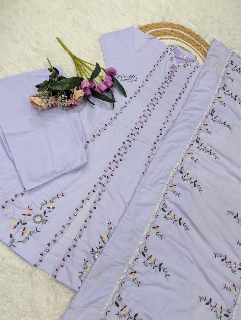 Lavender mulsin cotton embroidered kurta set with dupatta & palazzo