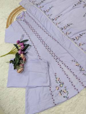 Lavender mulsin cotton embroidered kurta set with dupatta & palazzo 3