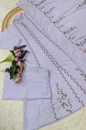 Lavender mulsin cotton embroidered kurta set with dupatta & palazzo