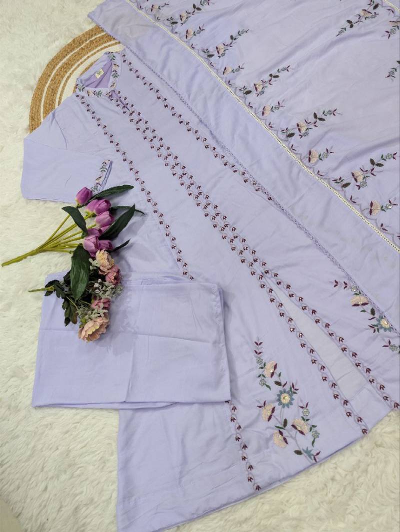 Lavender mulsin cotton embroidered kurta set with dupatta & palazzo