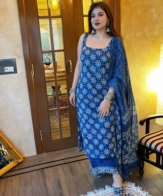  blue printed rayon kurta set with dupatta & pant 2