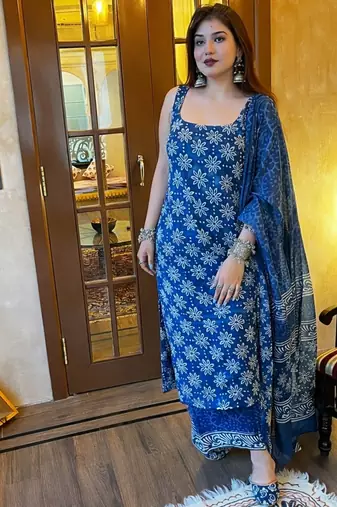 Elegant blue printed rayon kurta set with dupatta & pant