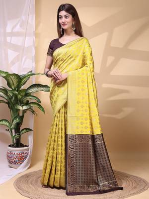 Yellow color weaving jacquard traditional saree with blouse piece 1