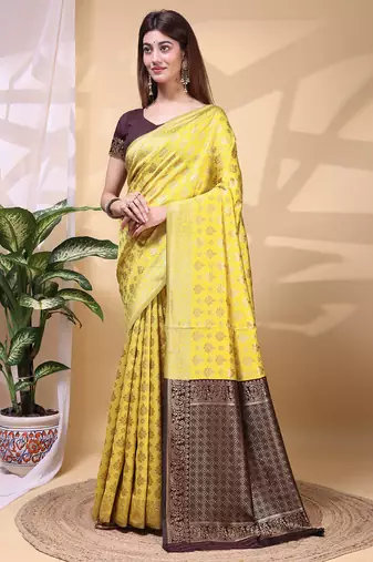 Yellow color weaving jacquard traditional saree with blouse piece