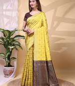 Yellow color weaving jacquard traditional saree with blouse piece
