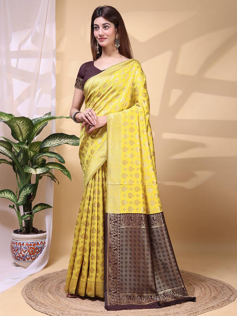 Yellow color weaving jacquard traditional saree with blouse piece