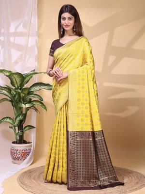 Yellow color weaving jacquard traditional saree with blouse piece 2