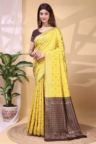 Yellow color weaving jacquard traditional saree with blouse piece