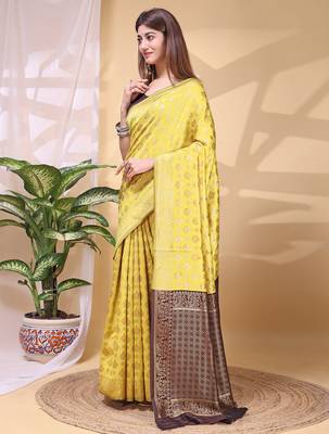 Yellow color weaving jacquard traditional saree with blouse piece 3