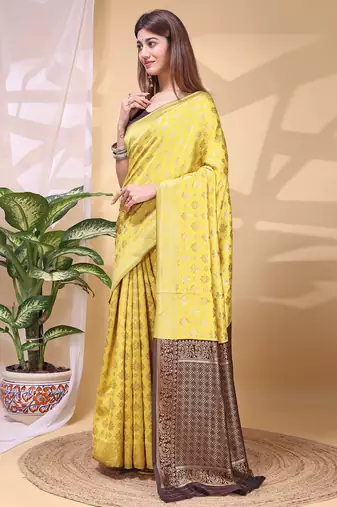 Yellow color weaving jacquard traditional saree with blouse piece