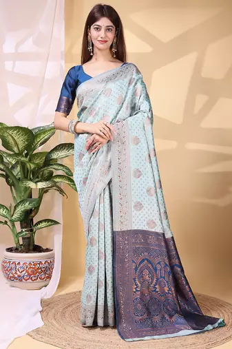Skyblue color weaving jacquard traditional saree with blouse piece