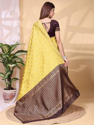 Yellow color weaving jacquard traditional saree with blouse piece 4
