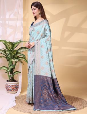 Skyblue color weaving jacquard traditional saree with blouse piece 2