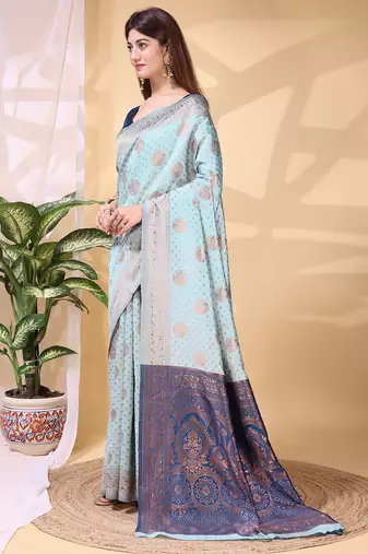 Skyblue color weaving jacquard traditional saree with blouse piece