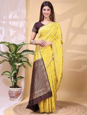 Yellow color weaving jacquard traditional saree with blouse piece 5