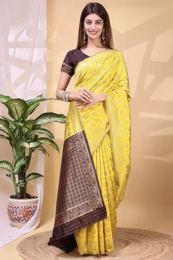 Yellow color weaving jacquard traditional saree with blouse piece