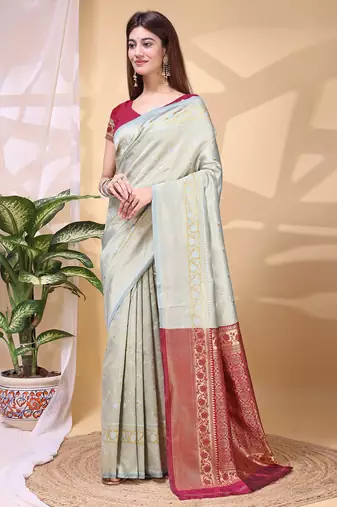Skyblue color weaving jacquard traditional saree with blouse piece