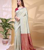 Skyblue color weaving jacquard traditional saree with blouse piece