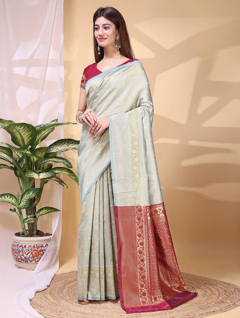 Skyblue color weaving jacquard traditional saree with blouse piece