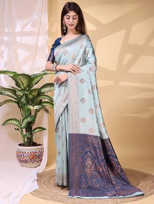 Skyblue color weaving jacquard traditional saree with blouse piece 3