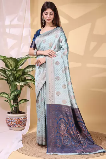 Skyblue color weaving jacquard traditional saree with blouse piece