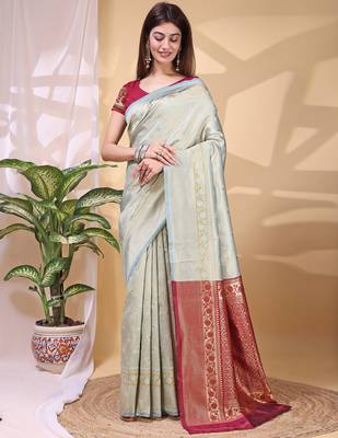 Skyblue color weaving jacquard traditional saree with blouse piece 2