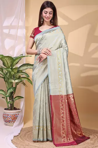 Skyblue color weaving jacquard traditional saree with blouse piece