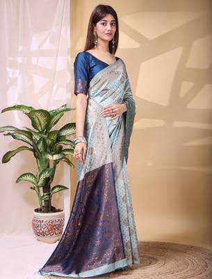 Skyblue color weaving jacquard traditional saree with blouse piece 4