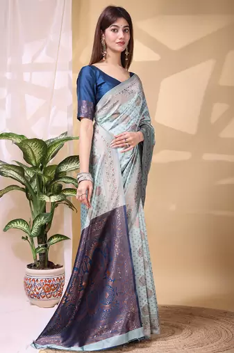 Skyblue color weaving jacquard traditional saree with blouse piece