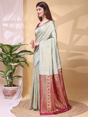 Skyblue color weaving jacquard traditional saree with blouse piece 3